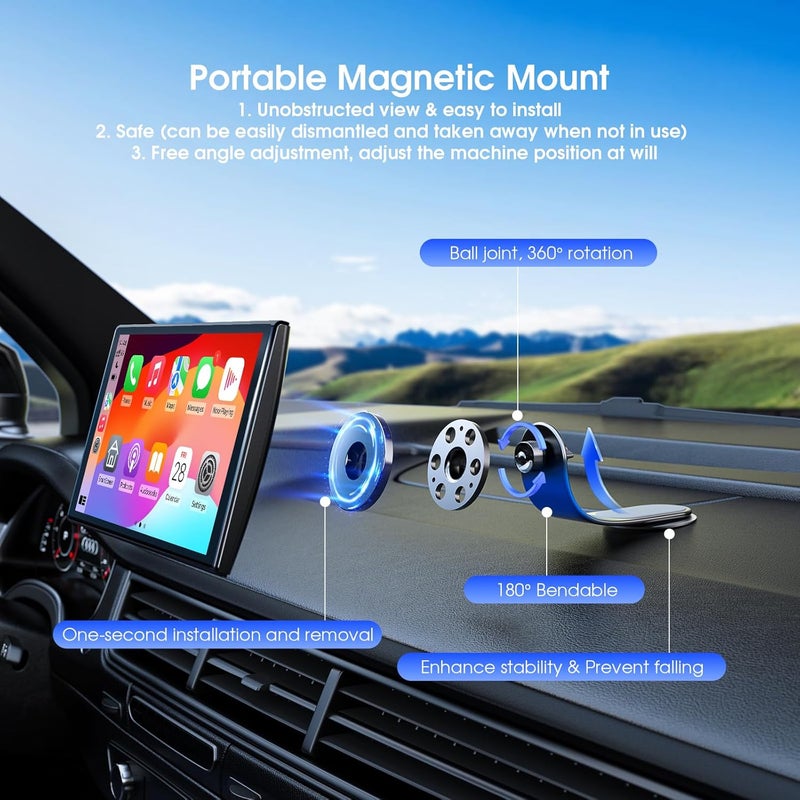 Avylet 7" Wireless Apple Carplay Screen for Car & Android Auto, Portable Car Stereo with Magnetic Mount, Supports Landscape & Portrait, OTA/GPS/Mirror Link/Voice Control/Bluetooth/AUX/FM/WiFi - Image 4
